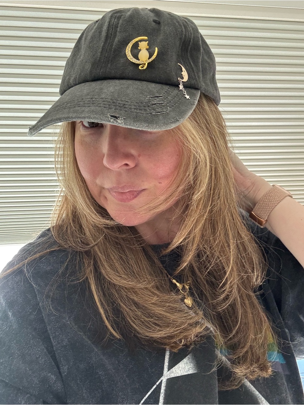 Distressed Black Women's Baseball Cap with Gold Celestial Pin